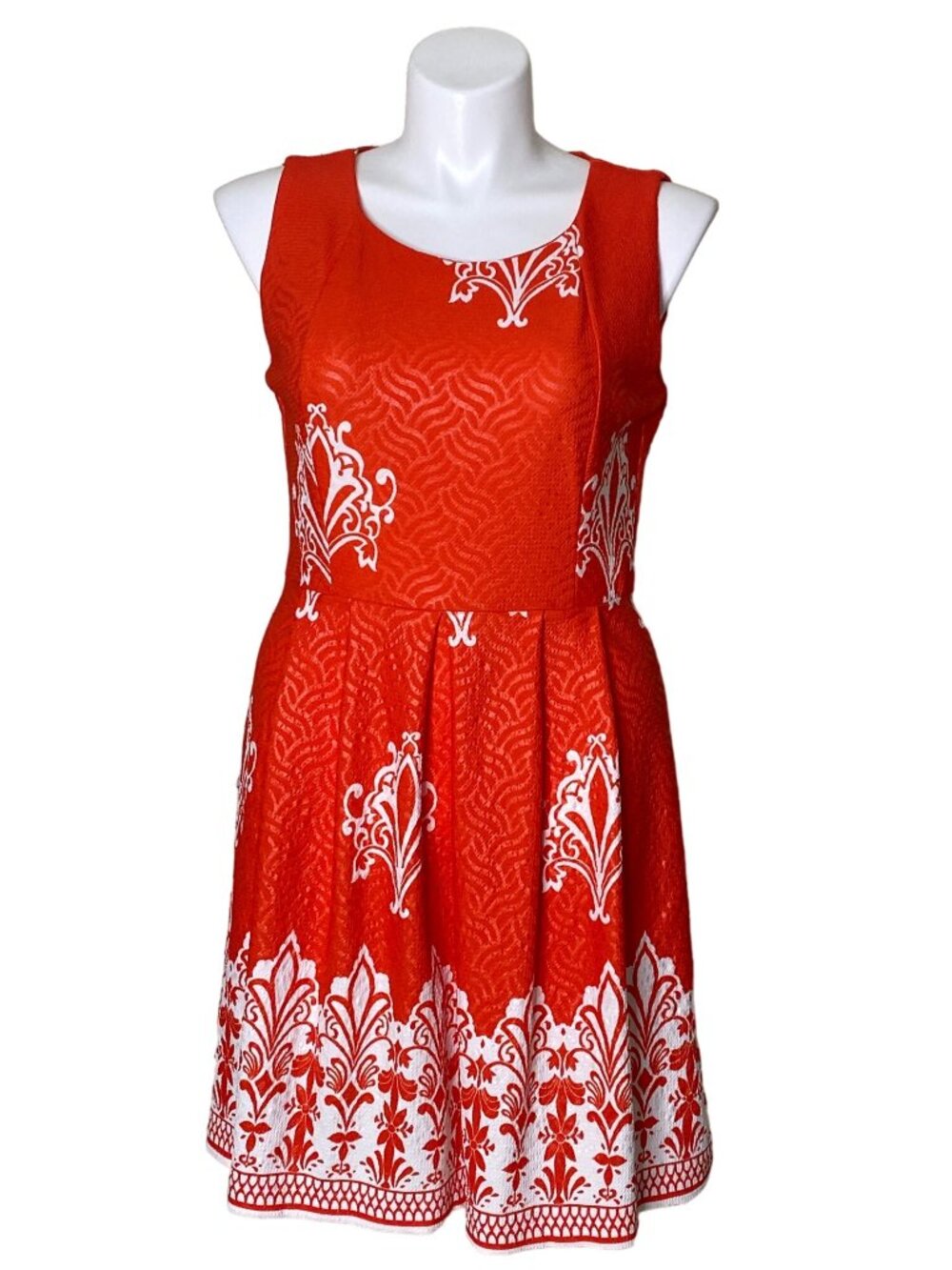 New York & Company Women's Orange White Damask Skater Dress, Sleeveless Size L
